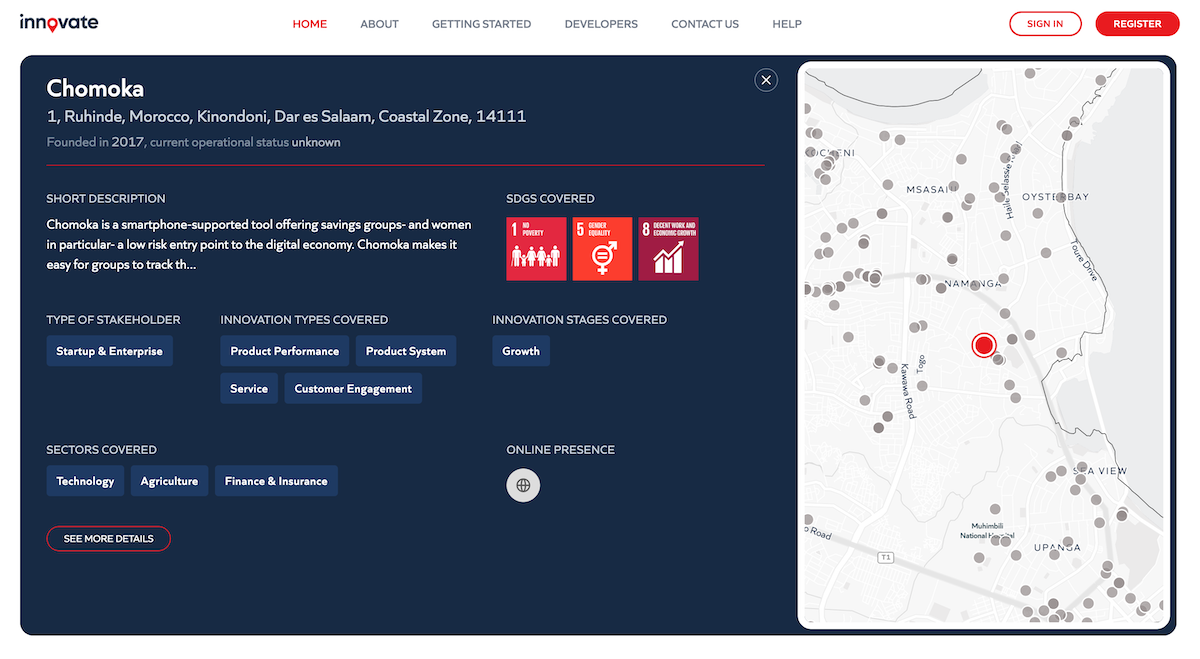 Design of Tanzania Innovation ecosystem map landing page screen, Chomoka Mobile App 